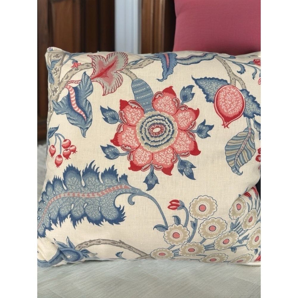 Schumacher Arborvitae Linen Floral Pillow Down/Feather Rose & Delft 26x26 - B